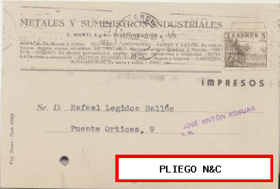 Tarjeta con Membrete de Valencia a Elche de 24 Mayo. 1948. Con Edifil 916