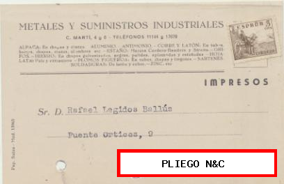 Tarjeta con Membrete de Valencia a Elche de 3 Junio. 1948. Con Edifil 916
