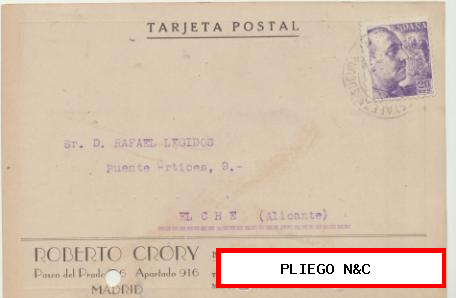 Tarjeta con Membrete de Madrid a Elche del 19 Mayo 1942. con Edifil 922