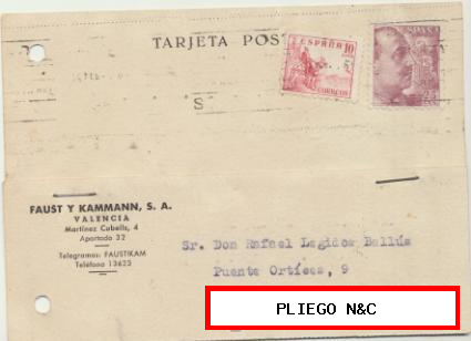 Tarjeta con Membrete de Valencia a Elche de 24 Febr. 1947. Con Edifil 917 y 923