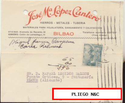Tarjeta con Membrete de Bilbao a Elche del 8 Octu. 1954. con Edifil 927