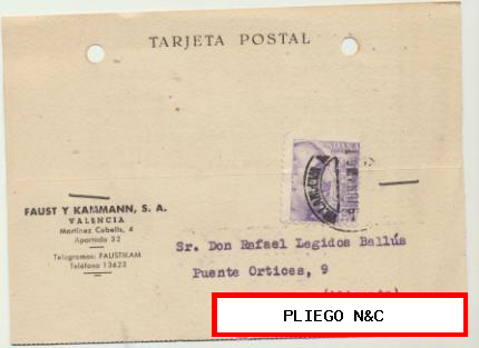 Tarjeta con Membrete de Valencia a Elche de 9 Junio. 1944. Con Edifil 922