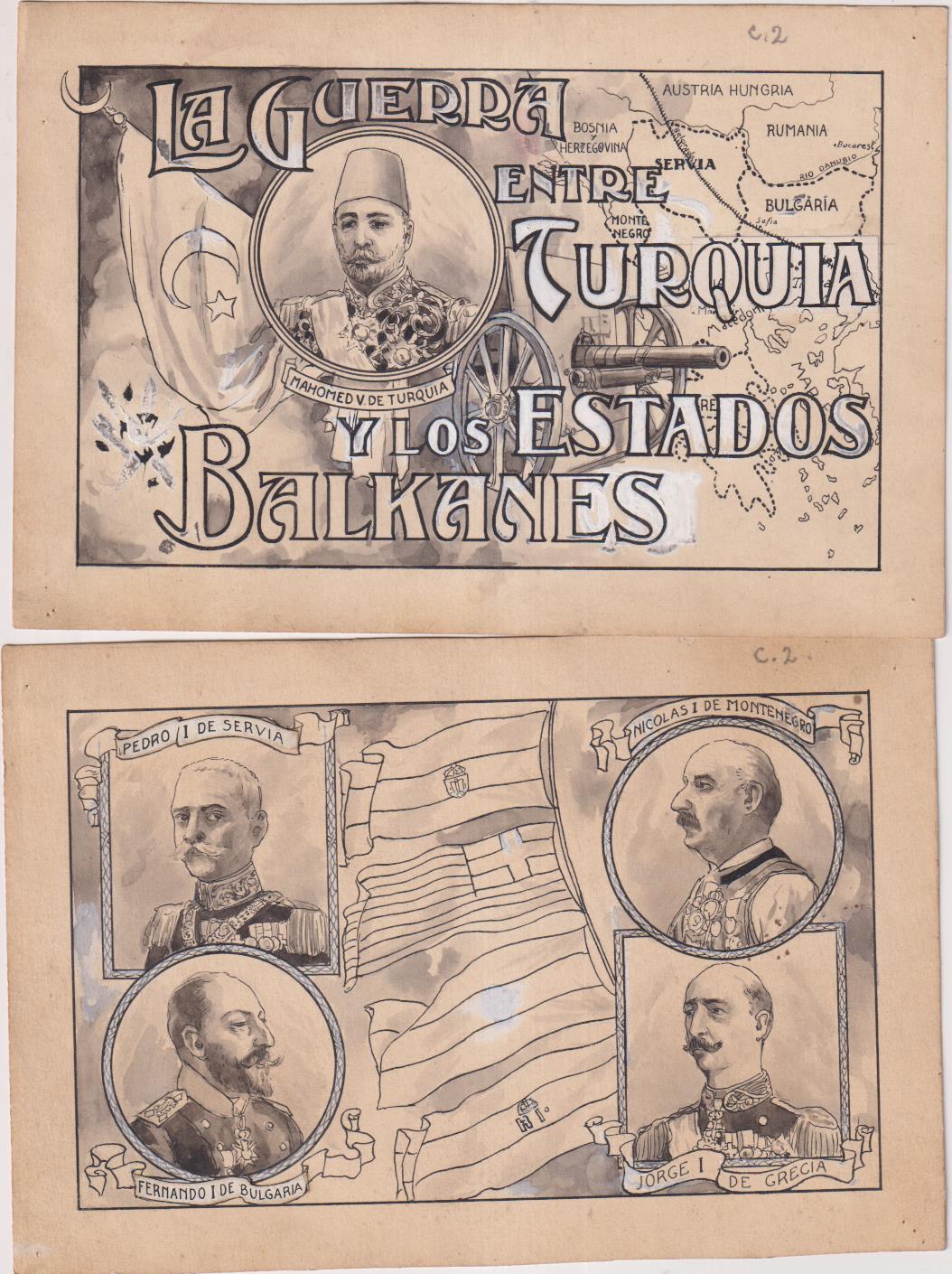 La guerra entre Turquía y los Balkanes. Dibujos originales de los cromos serie Completa 10 (17,5x12 cms.)