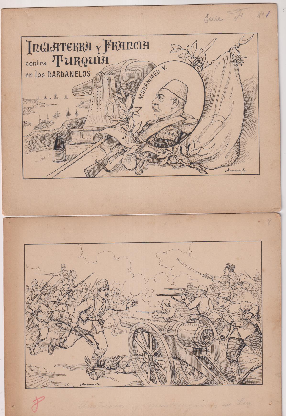 Inglaterra y Francia contra Turquía en los Dardanelos. 3 Dibujos (20x15 cms.) para cromos: 1,8,10. Dibujado por Navarrete de una serie de 10. MUY RARO