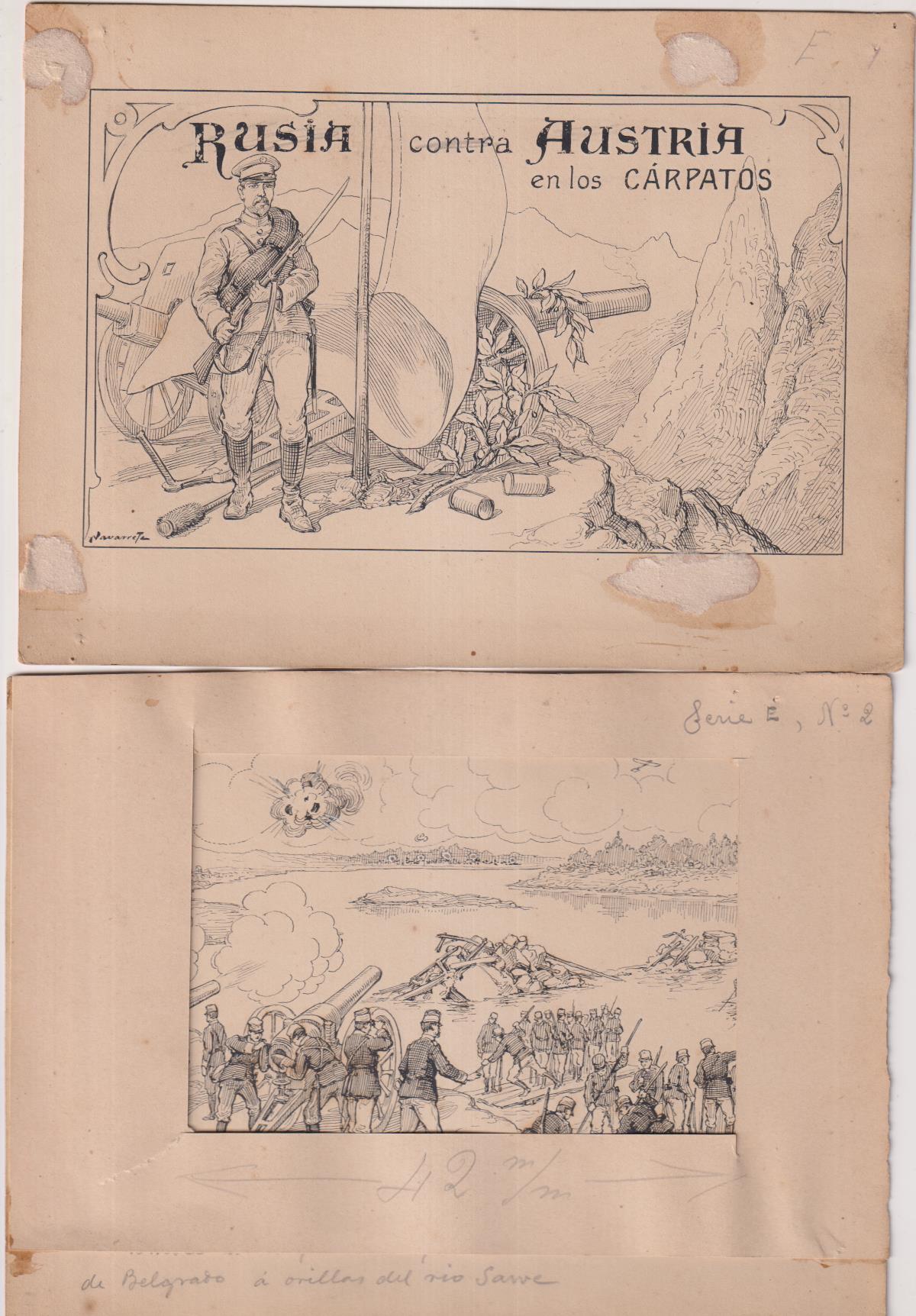 Rusia Contra Austria en los Cárpatos. 10 dibujos originales (19,5x15 cms.) de Navarrete. Serie completa. Circa 1920. RARA