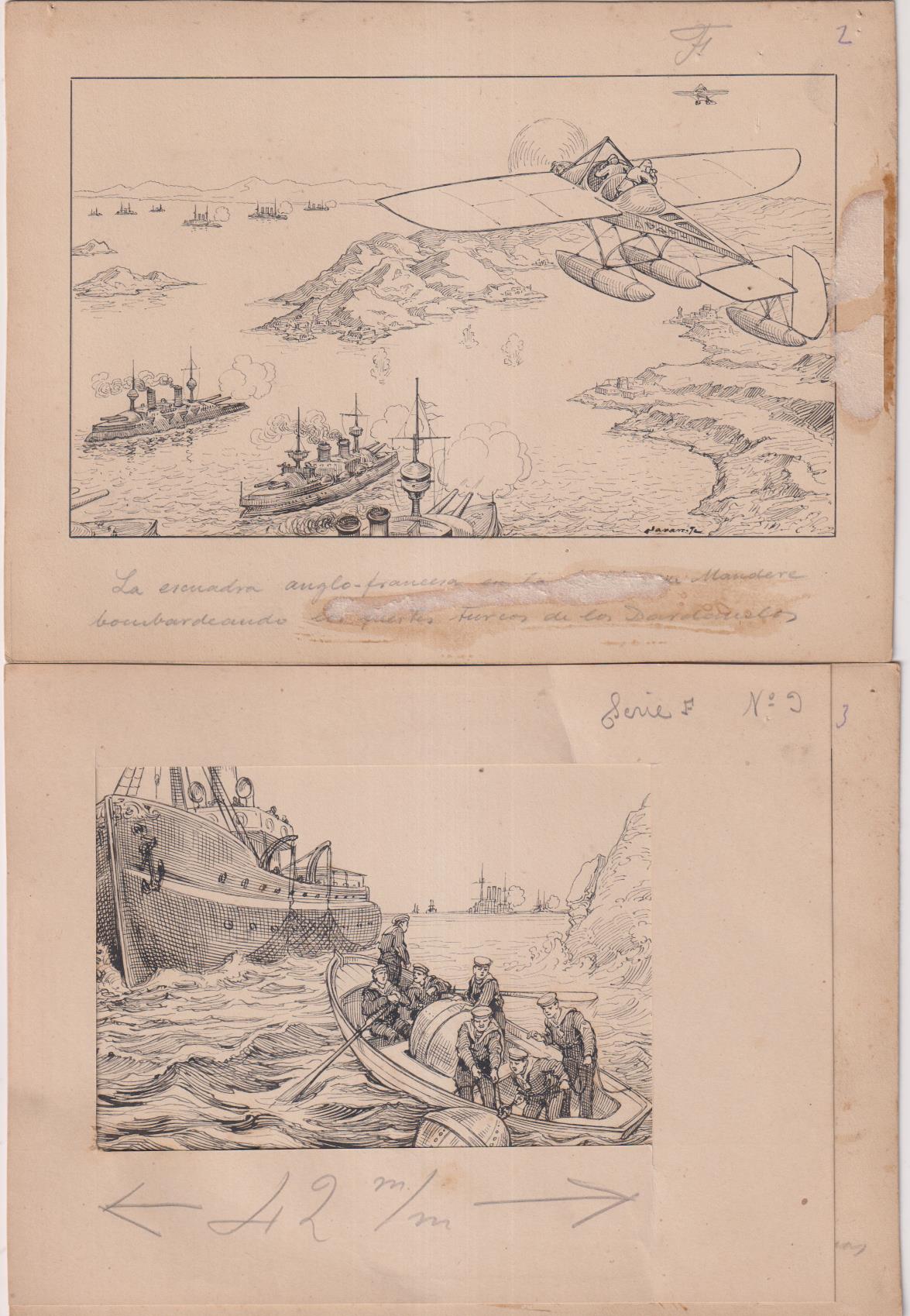 Inglaterra y Francia contra Turquía. 9 dibujos (19,5x14,5) originales de Navarrete para cromos