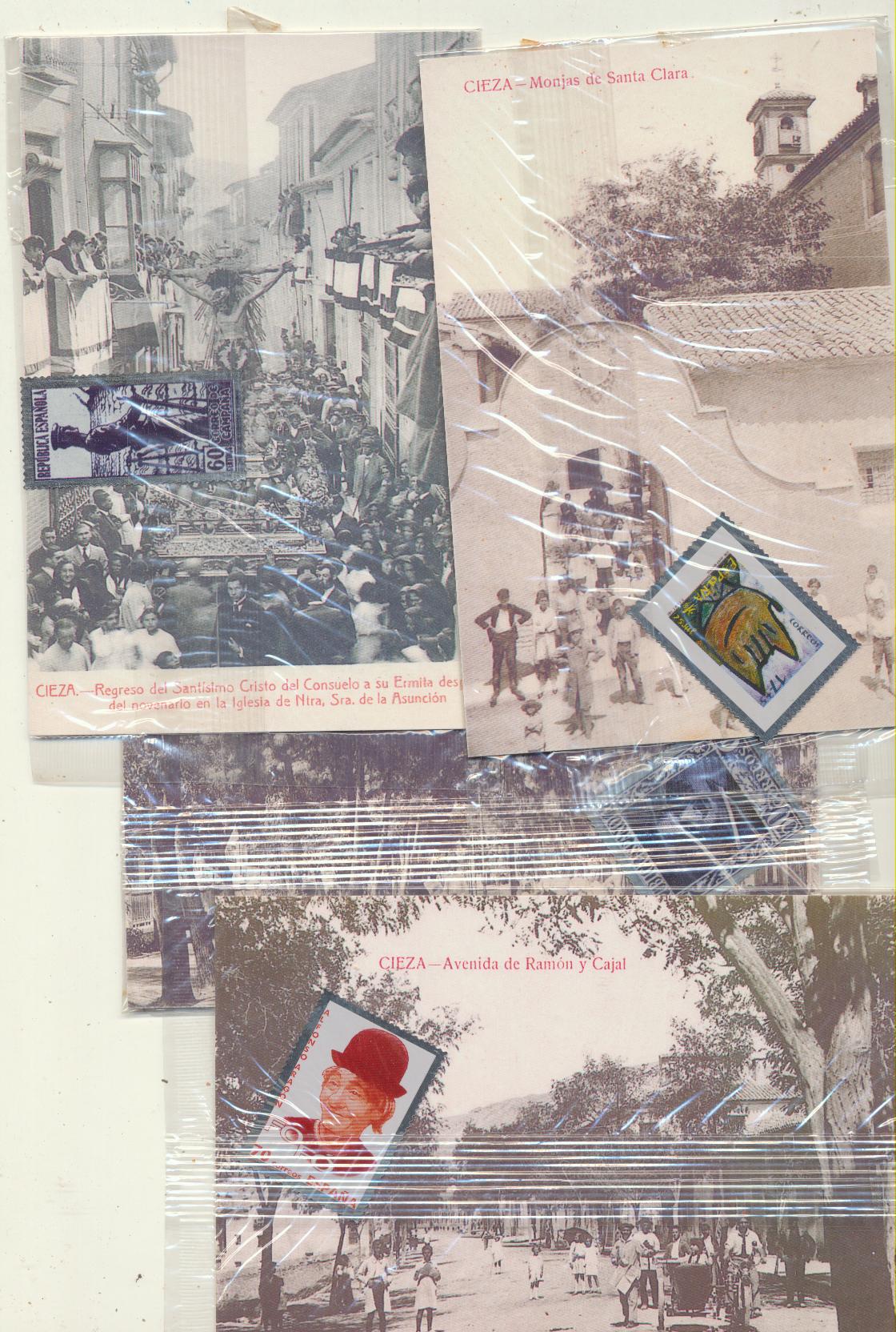 Cieza. Lote de 4 postales con el sello metálico, en su envoltura original. Edición de La Opinión, año 2000