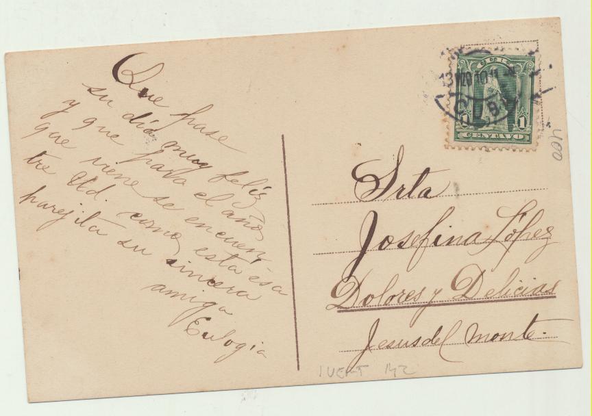 Postal. Franqueada y fechada en Jesús del Monte (Cuba) en 1910
