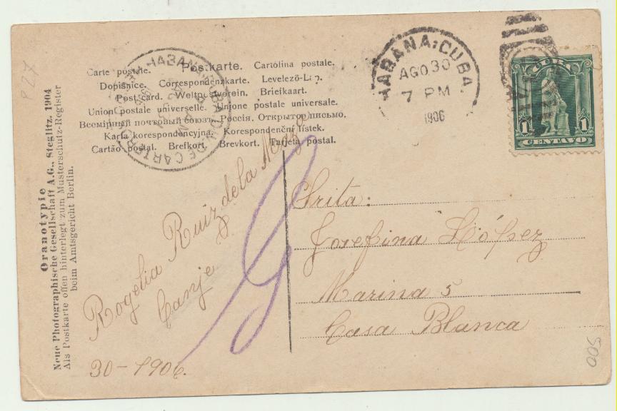 Postal. Franqueada y fechada en La Habana en 1906 con Ivert 142