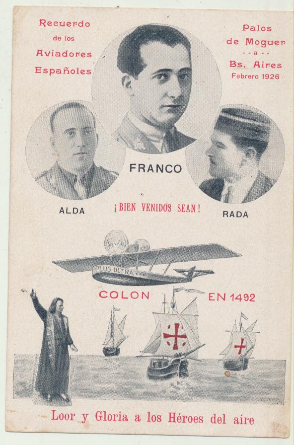 Postal. Recuerdo de los aviadores Españoles. Franco, Alda y Rada