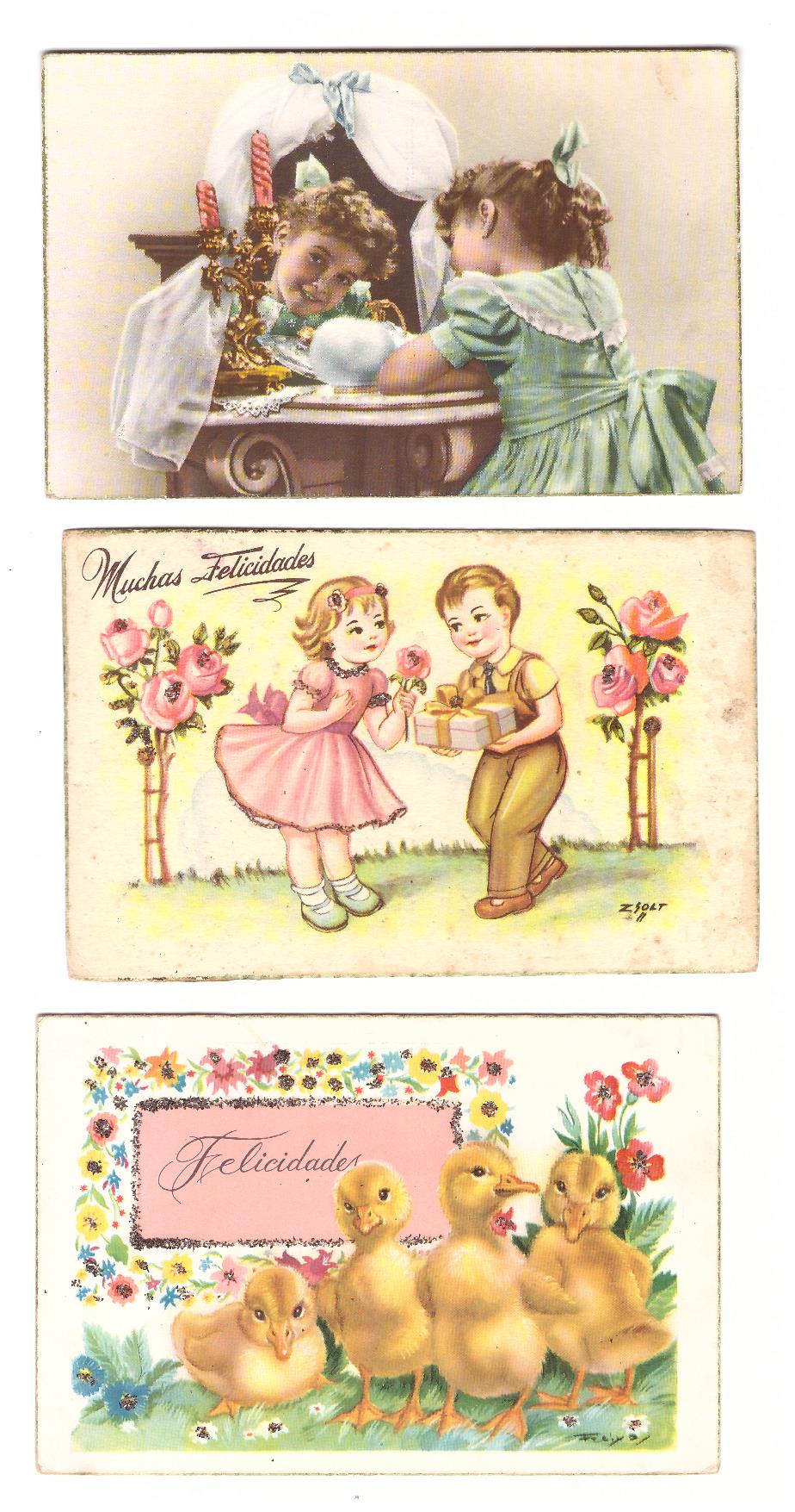Lote de 3 Postales Españolas (2 con brillos) Fechadas en 1951, 53 y 54
