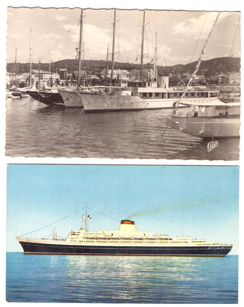 Lote de 2 Postales: Cannes, Le Port et les Yachts y El Leonardo da Vinci. Años 50