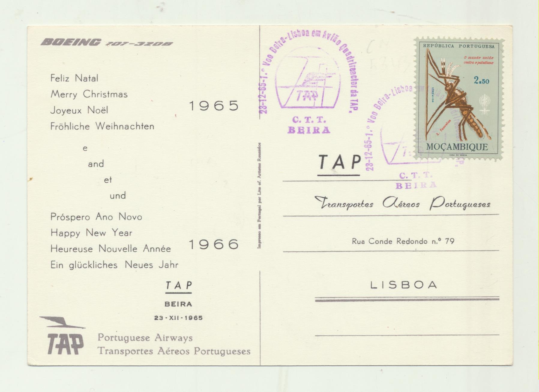 Tarjeta Postal. Tap. 1º Vuelo Mozambique-Lisboa. 23-12-1965