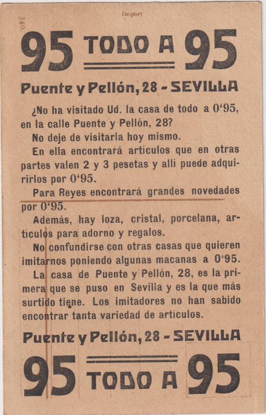 Todo a 0, 95. Postal publicidad. Puente y Pellón, 28. Sevilla