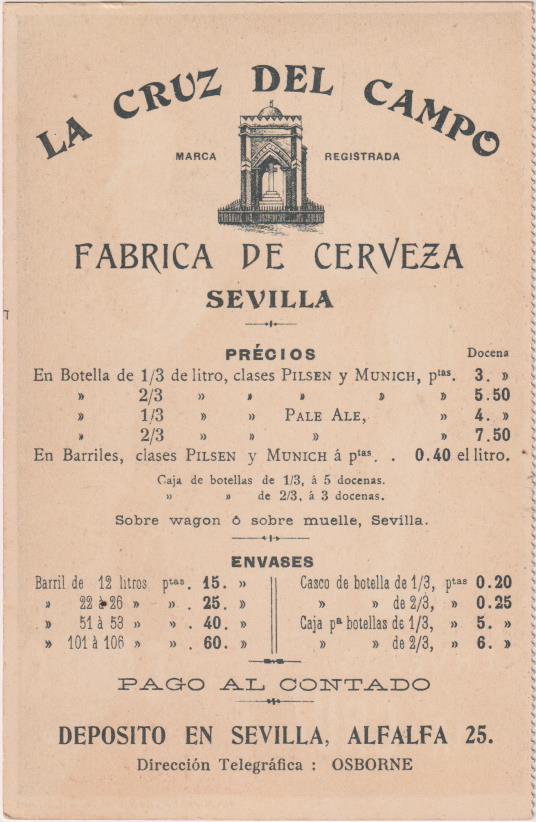 Tarjeta Postal (14x9) Cervezas La Cruz del Campo Sevilla. Precios al dorso. RARA
