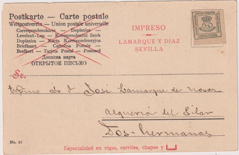 Postal Publicitaria de Lamarque y Diaz. Herramientas, Acero, viga. Fechado en 1903