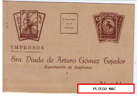 Tarjeta de pedido de Viuda de Arturo Gómez Tejedor. Azafranes. Novelda. Alicante