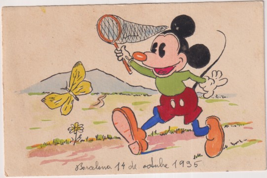 Postal. Mickey Mouse. Ilustrada y coloreada a mano. fechada abajo Barcelona 14 octubre 1935. dedicada y fechada al dorso