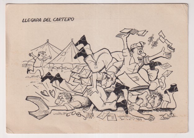 Postal de mili. Llegada del cartero. Escrita al dorso (1962 ?)