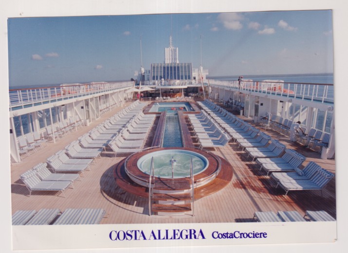 Postal 16x12,5 cm.) Barco. - Cubierta. Costa Allegra. Costa Crociere. Arte Grafica. Génova