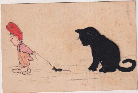 Postal artesanal. dibujada y coloreada a mano, Gato de tela. Firma: D. A. Sobre una postal anterior a 1905