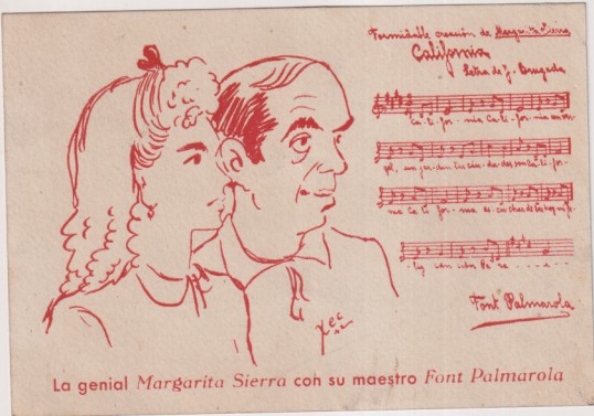 La genial Margarita Sierra con su maestro Font Palmarola. Tarjeta postal Publicidad de Estudio Font palmarola. Música-Danza-Declamación. Sin usar