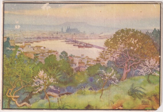 Tarjeta española. Palma desde Génova. Almendros en flor. De una acuarela de Erwin Hubert