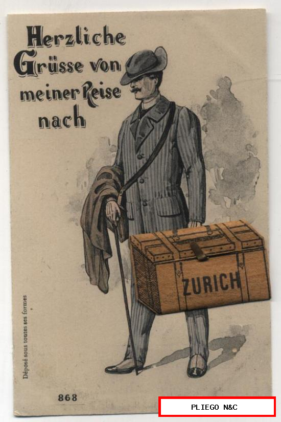 Zúrich-Maleta de piel auténtica unida a la postal. ¡IMPECABLE!