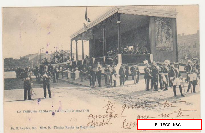 La Tribuna Regia en la Revista Militar. Fiestas Reales Mayo 1902. Franqueado y fechado en 1902