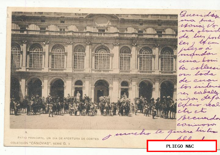 patio principal. un día de apertura de cortes. Franqueado y fechado en Madrid en 1901. Al dorso fechador de llegada de pasages