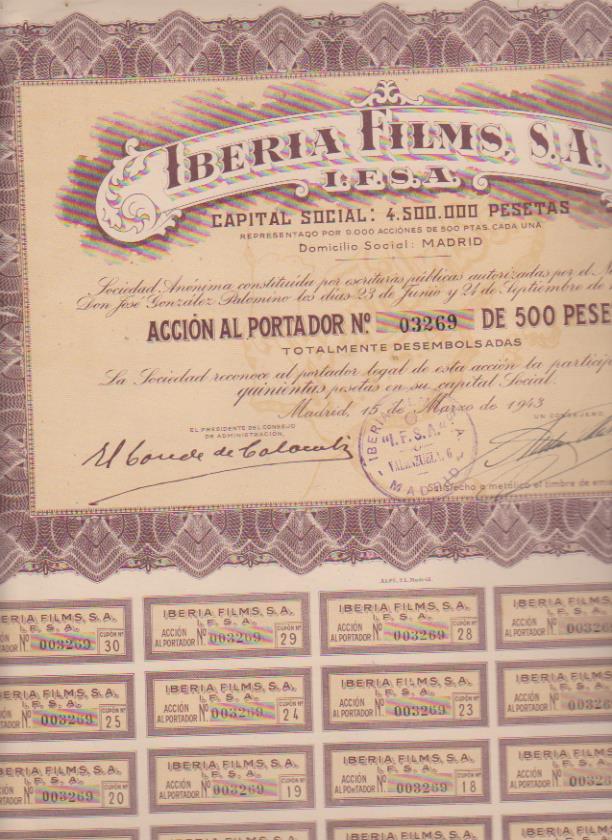 Acción de Iberia Films. Acción de 500 pesetas. Madrid 1943
