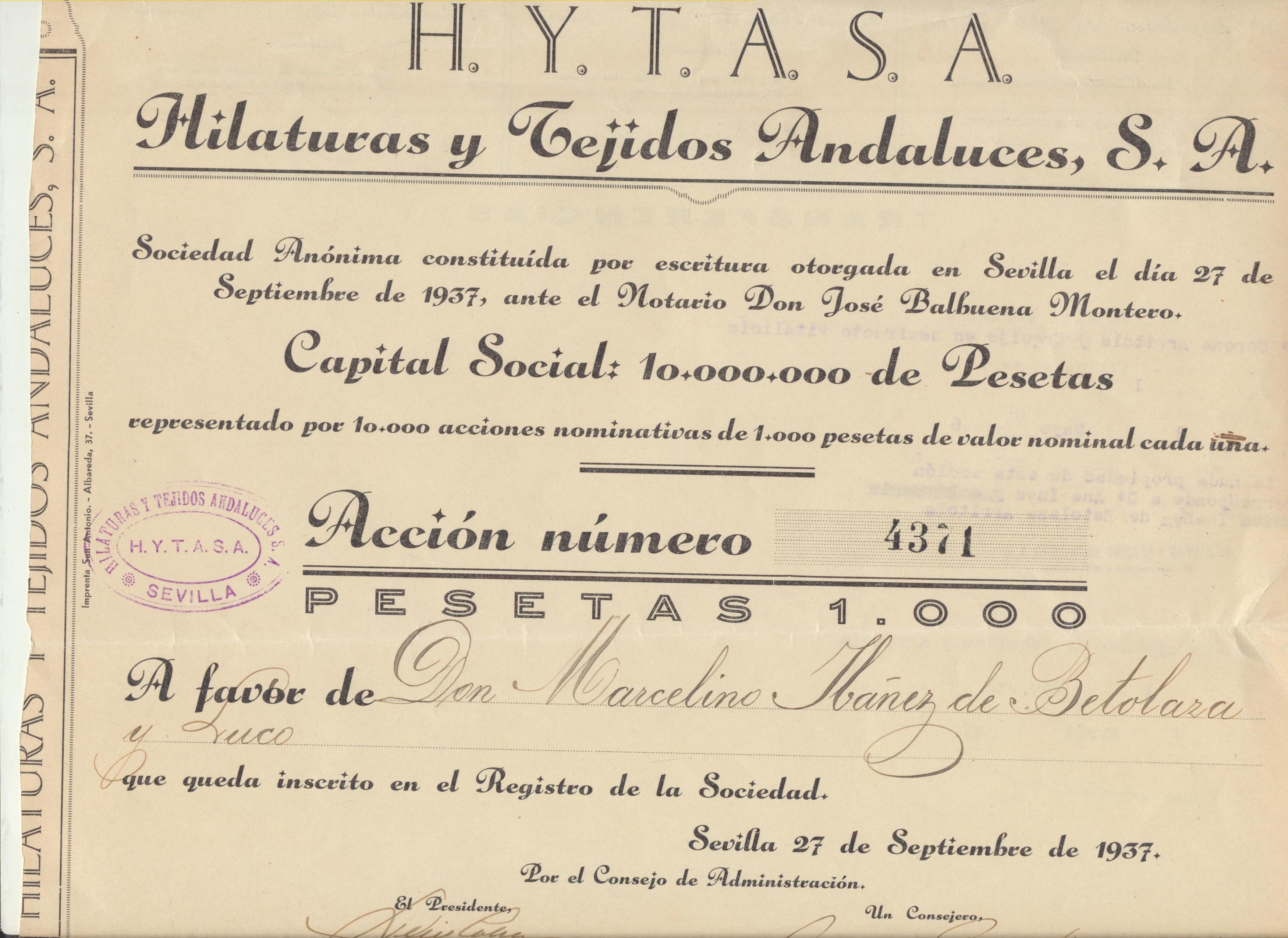 Acción H.Y.T.A.S.A. (Hilaturas y Tejidos andaluces S.A.) del Año de su fundación. Sevilla 1937. MUY DIFÍCIL