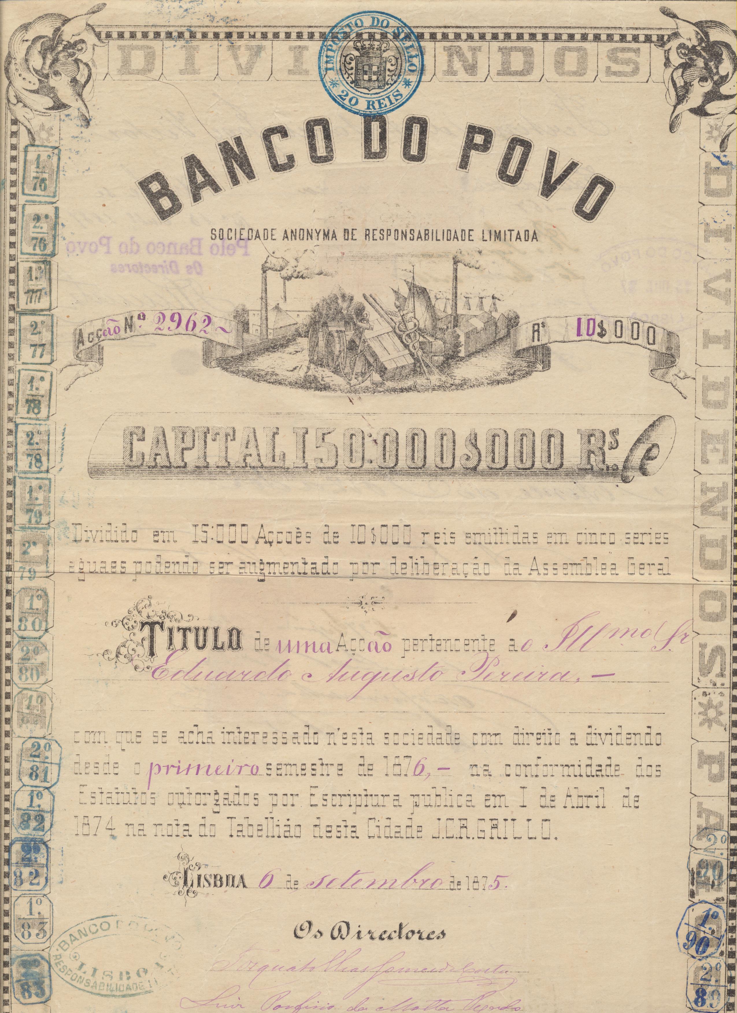 Acción Banco do povo (37x26) Lisboa 6 Set. 1875. RARA