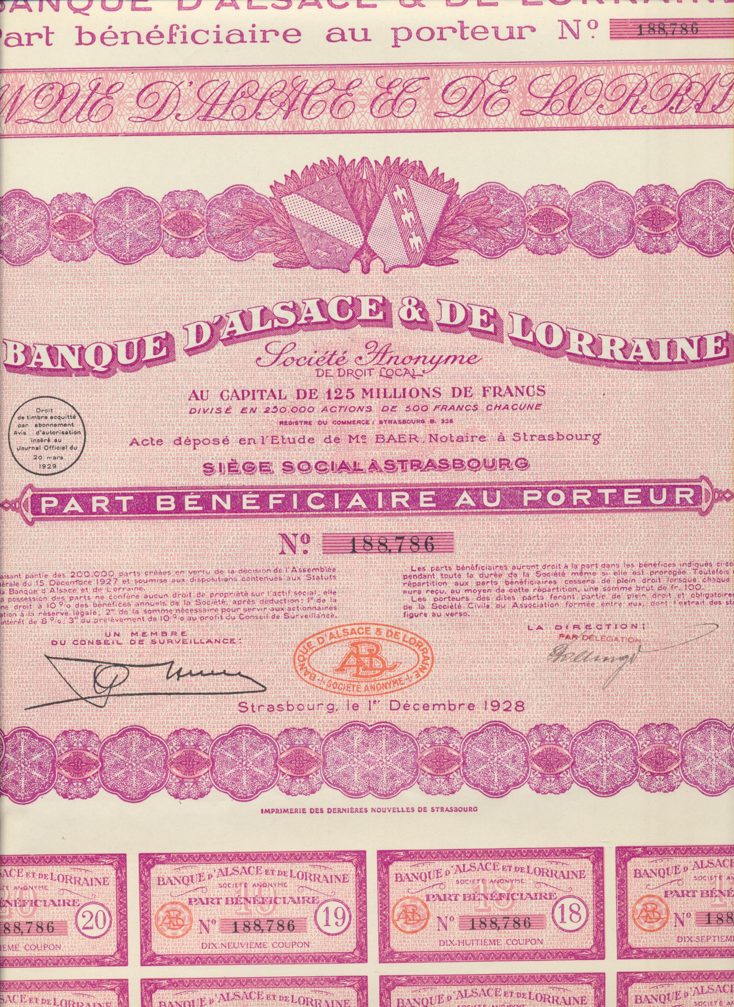 Acción Francesa. Banque d´Alsace & de Lorraine. Strasbourg, 1928