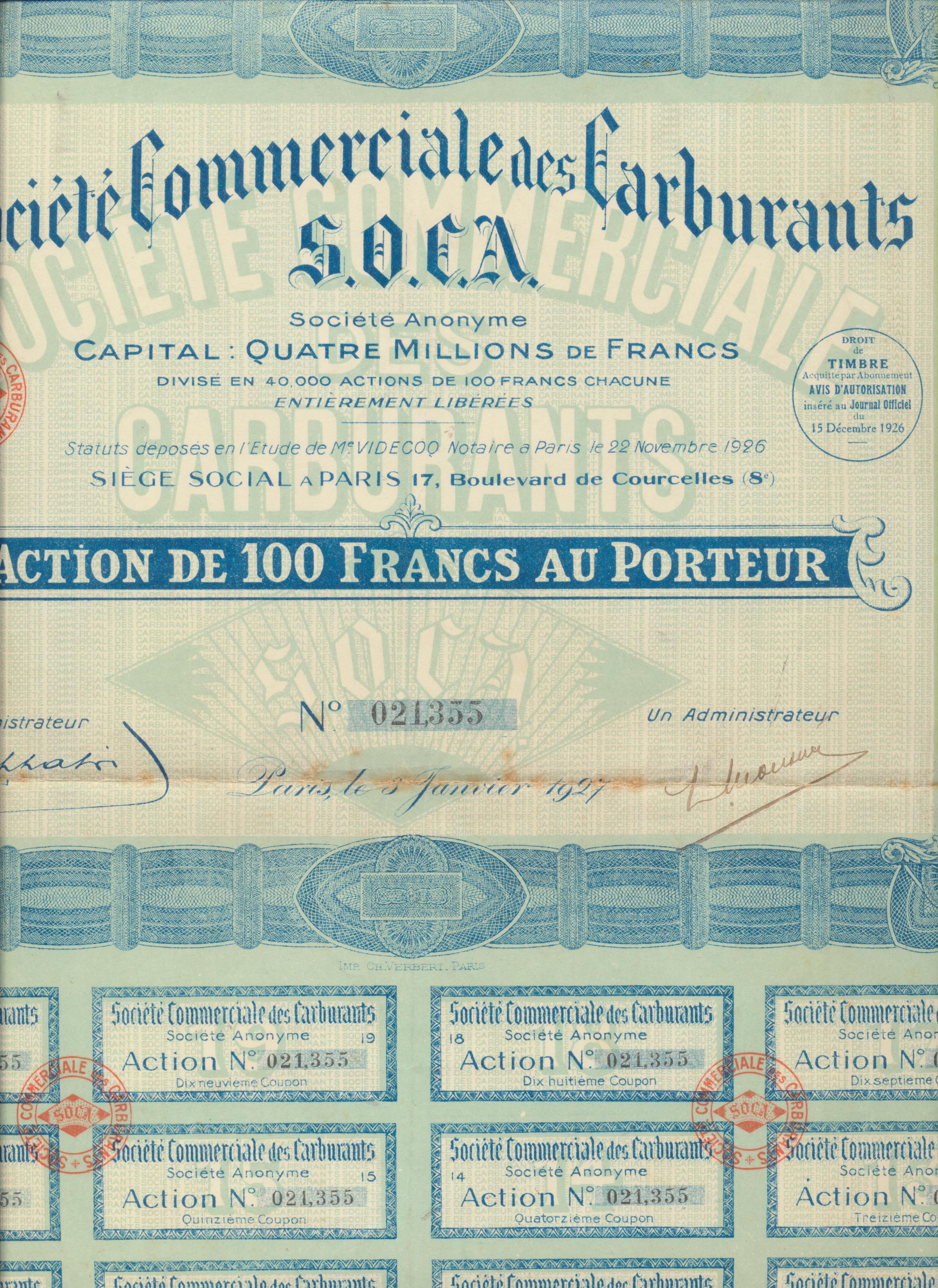 Acción Francesa. Société Commerciale des Carburants. Action de 100 Francs au Porteur. Paris, 1926