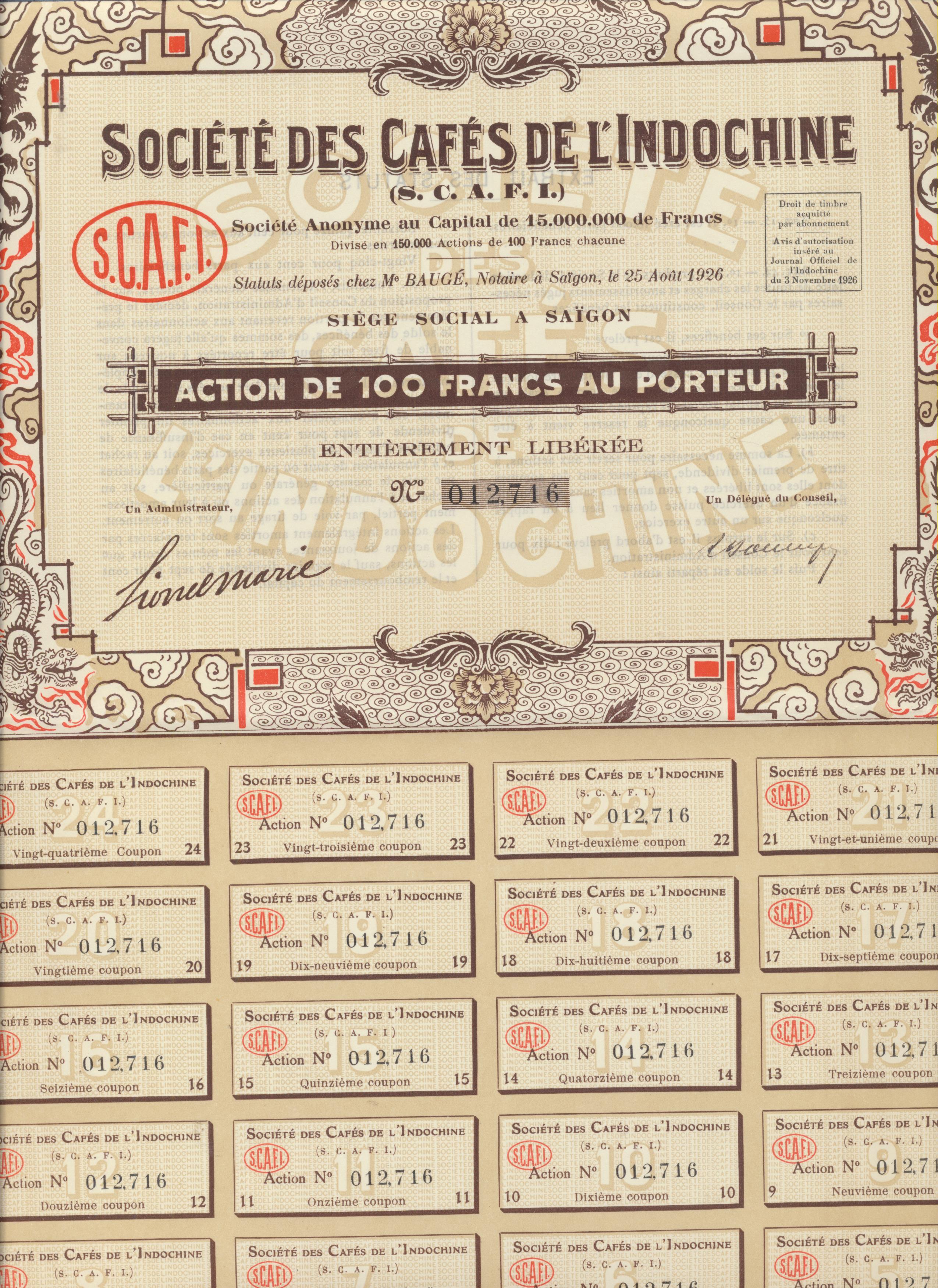Acción Francesa. Societé des Cafés de L´Indochine. Action de 100 Francs au Porteur. Saigón, 1926
