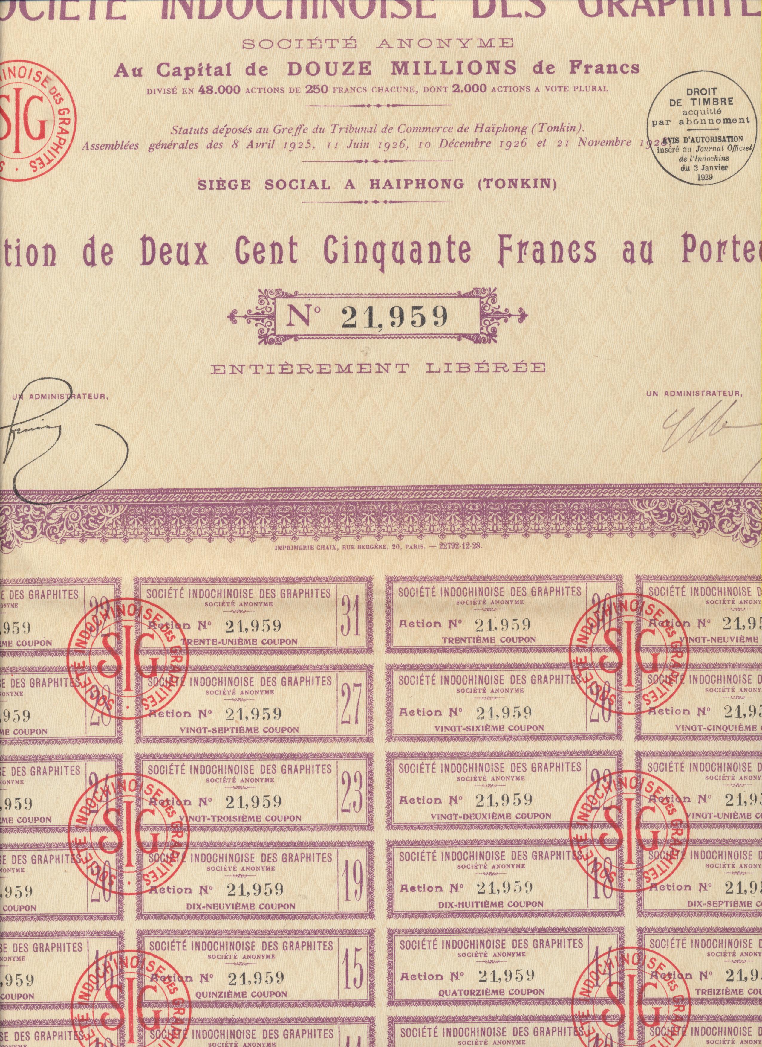 Acción Francesa. Société Indochinoise des Graphites. Action de Deux Cent Cinquante Francs au Porteur. Tonkin, 1929