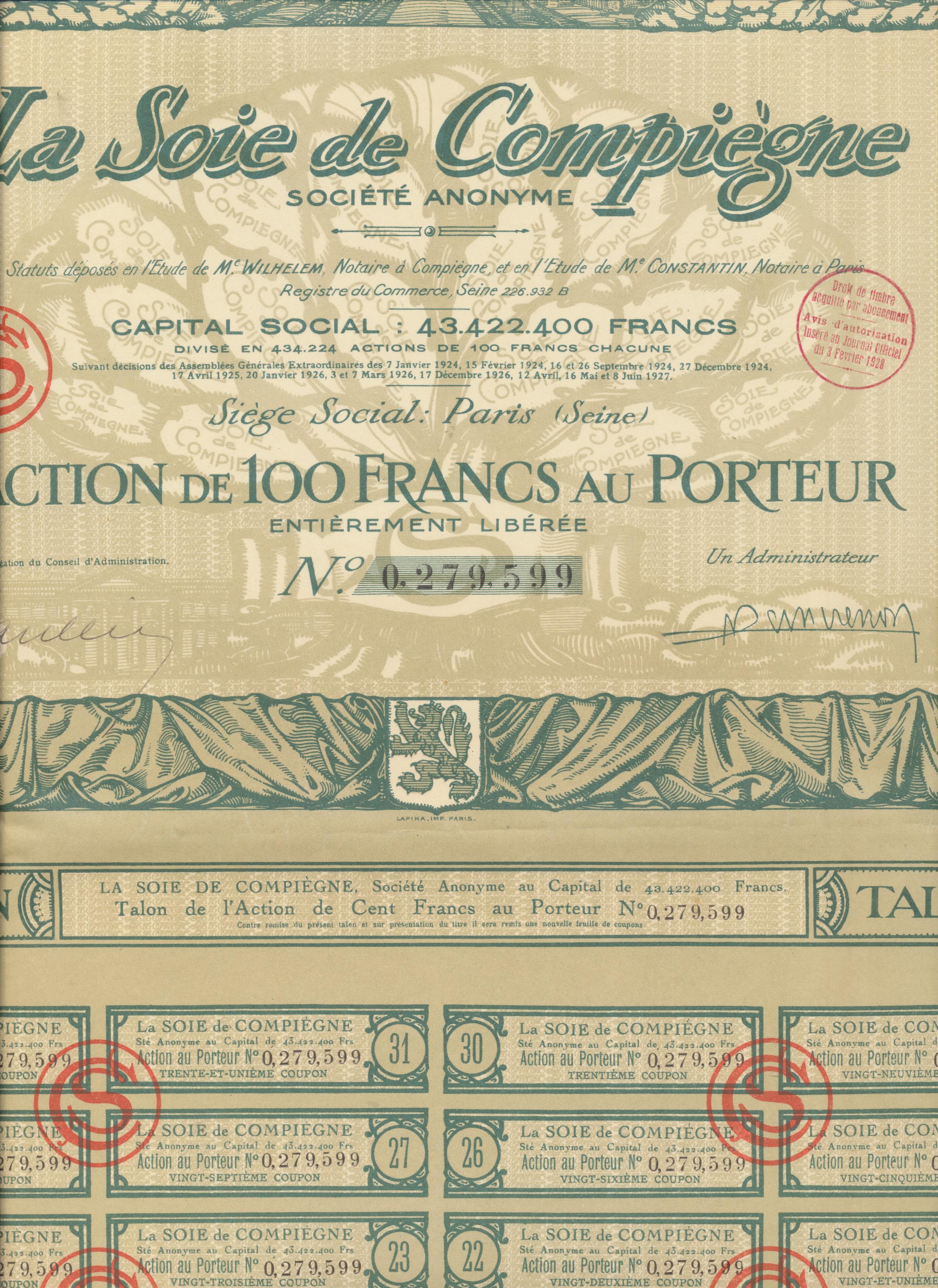 Acción Francesa. La Soie de Compiegne. Action de 100 Francs au porteur. Paris, 1928