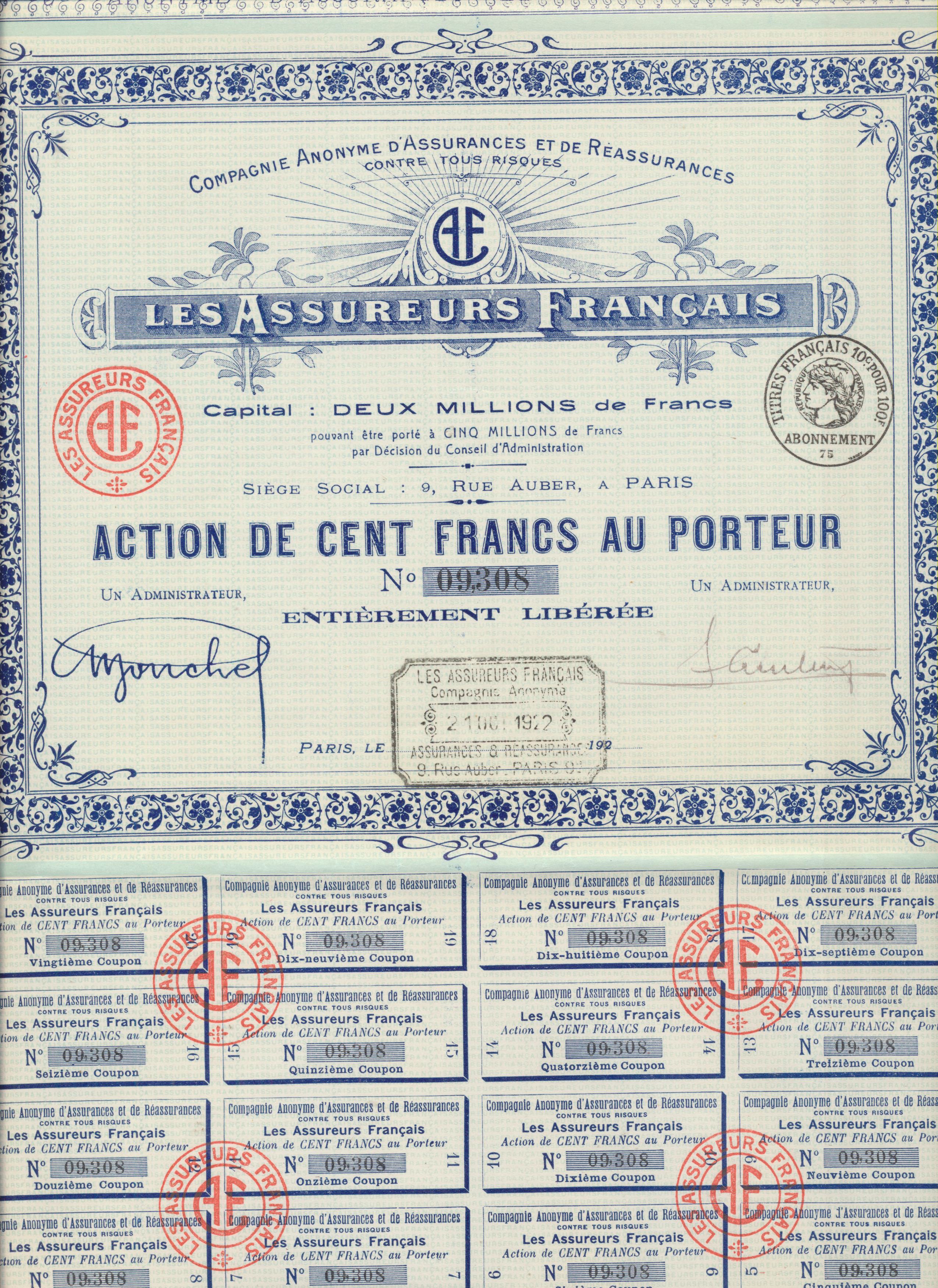 Acción Francesa. Les assureurs Français. Action de Cent franc au porteur. Paris, 1922