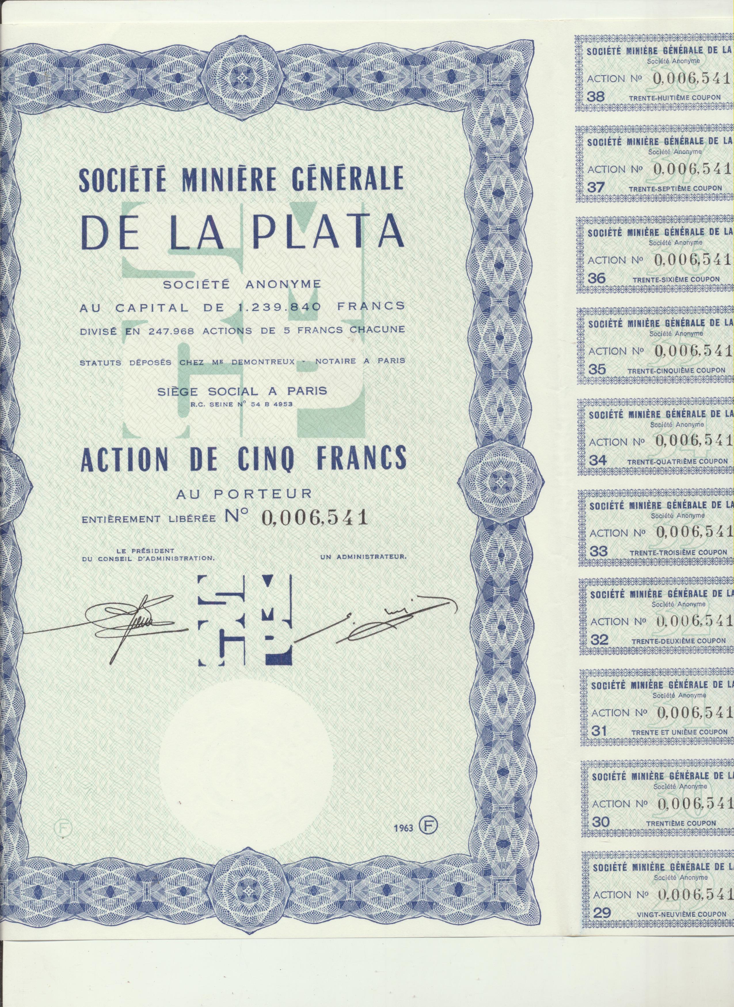 Acción Francesa. Société Miniére Générale de la Plata. Paris 1963