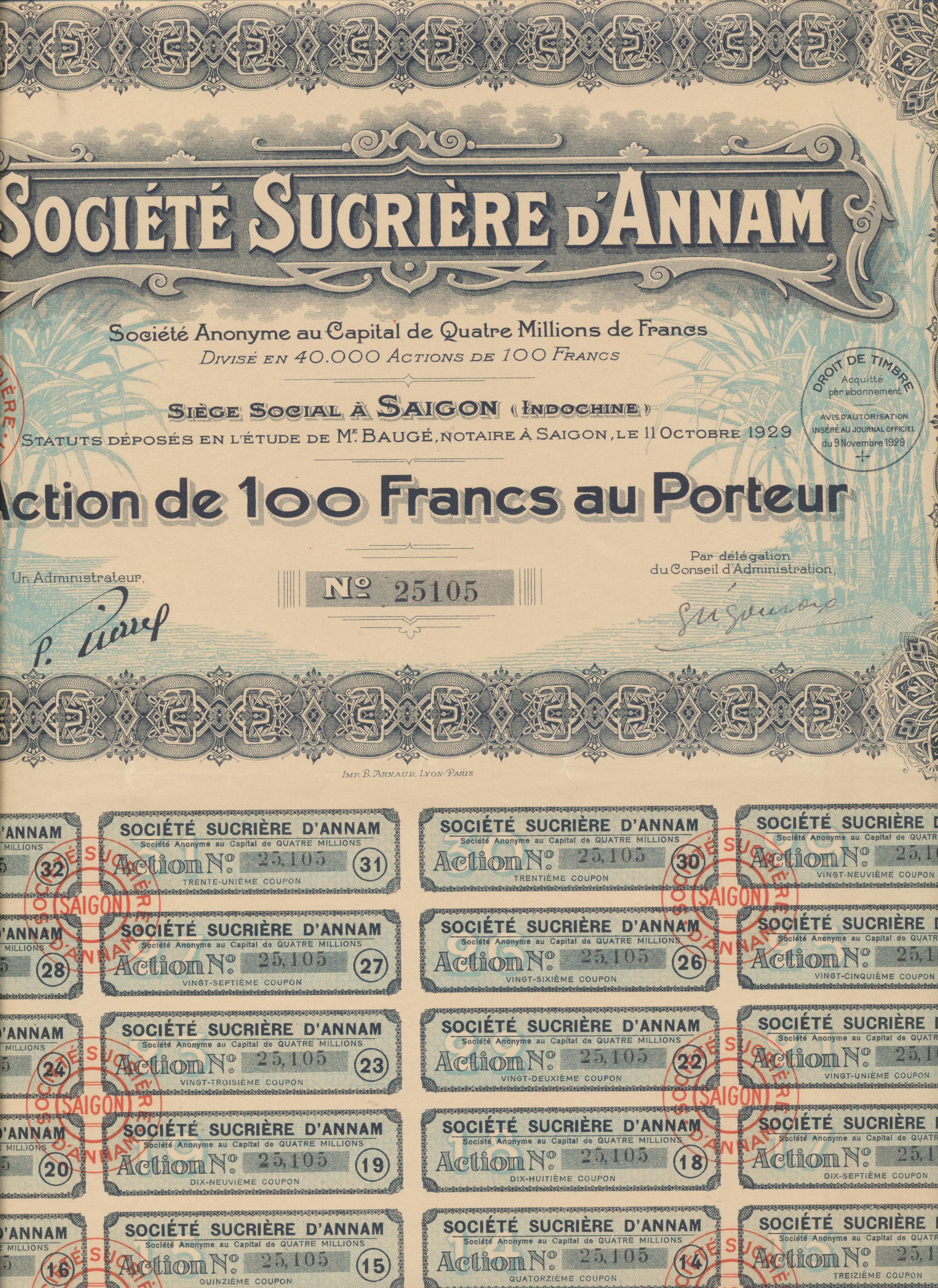 Acción Francesa. Société Sucrére D´Annam, Saigón 1929
