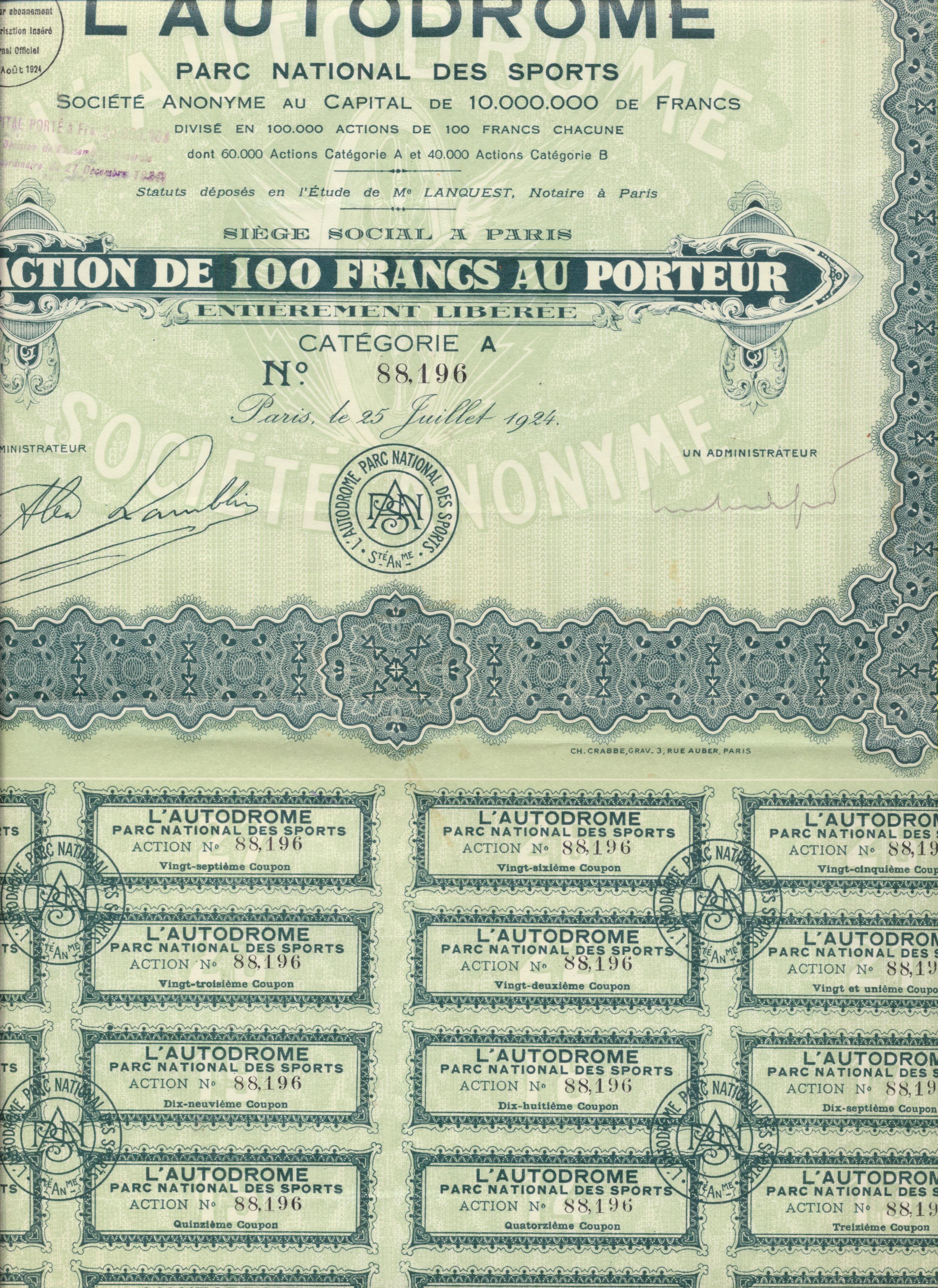Acción Francesa. L´Autodrome, Action de 100 Francs au Porteur, Paris 1924