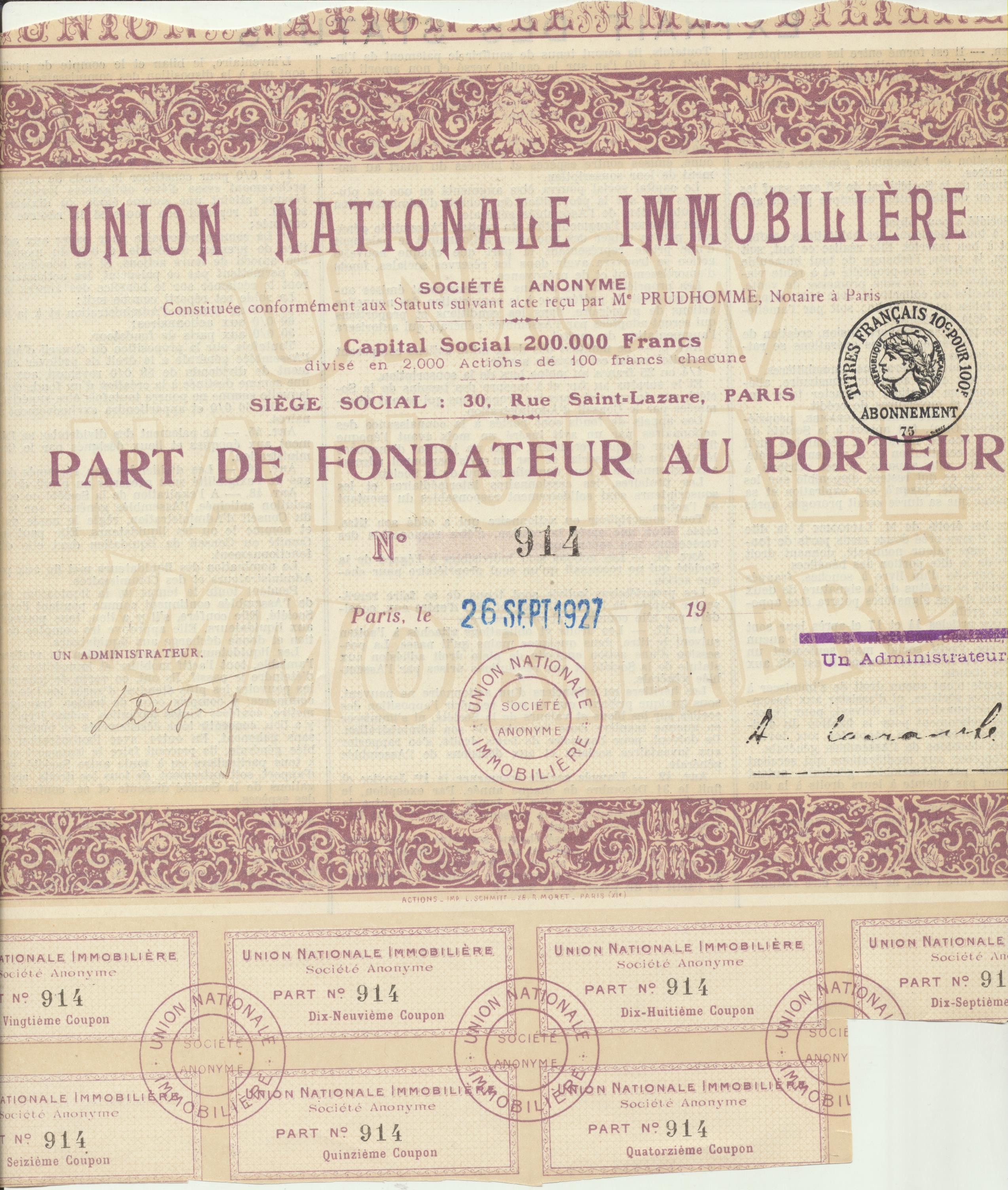 Acción Unión nationale Immobiliere, Paris, 1927