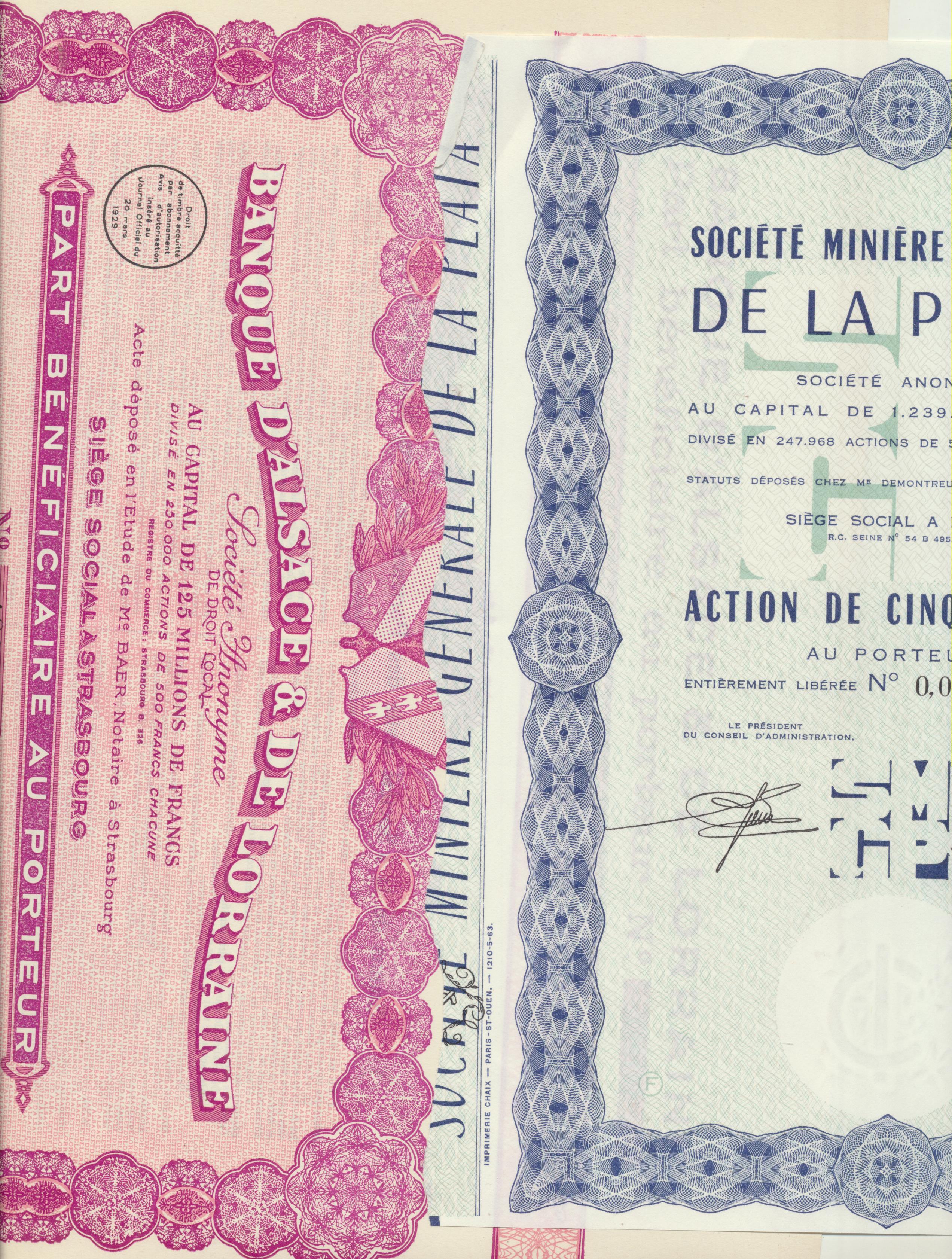 Lote de 2 Acciones Francesas: Banque d´Alsace & de Lorraine, Strasbourg, 1926 y Société Miniere Générale de la Plata, Paris 1963