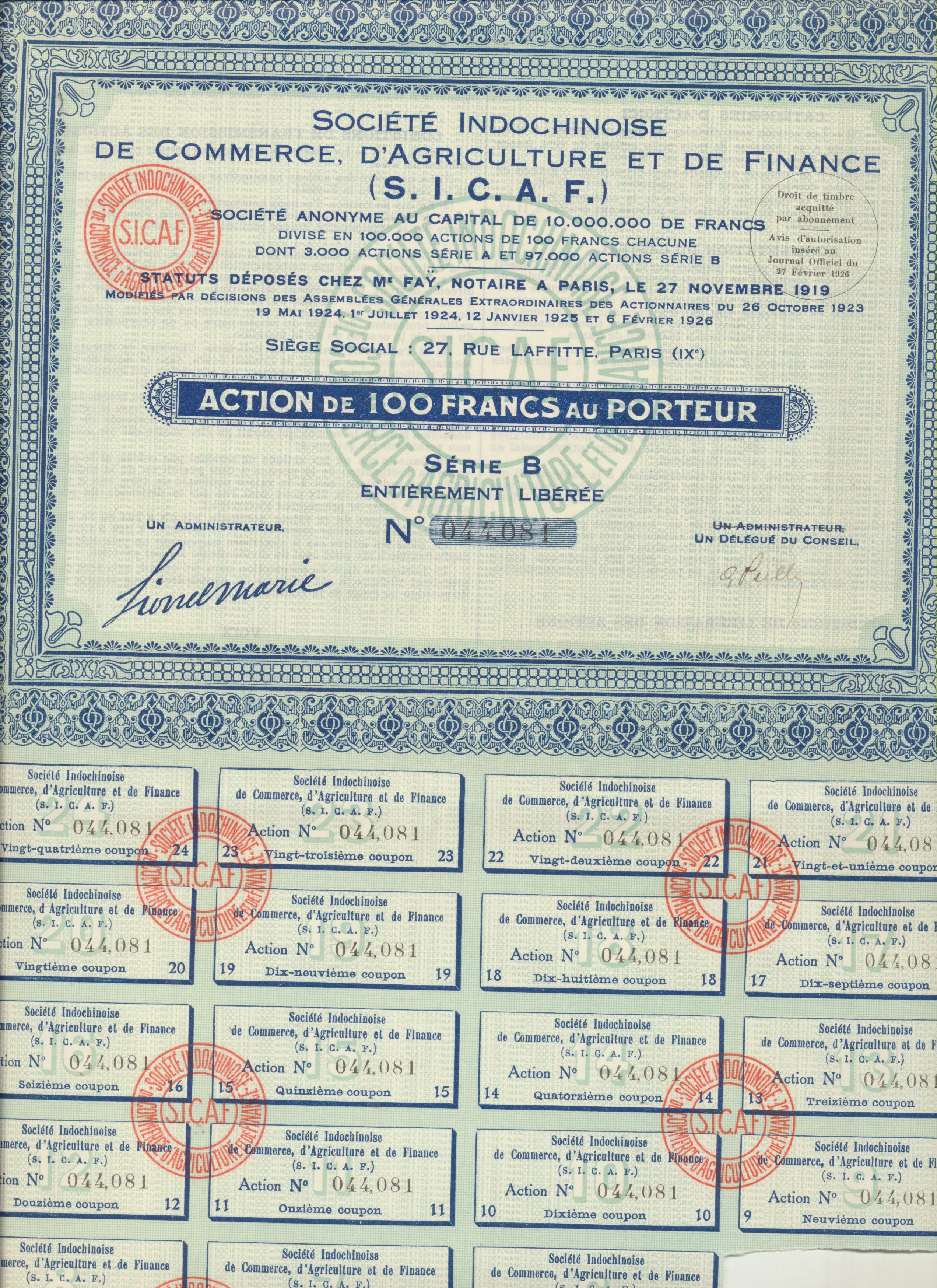 Acción Francesa. Société Indochinoise de Commerce, d´agriculture et de Finance. Action de 100 Francs au Porteur. Paris, 1919