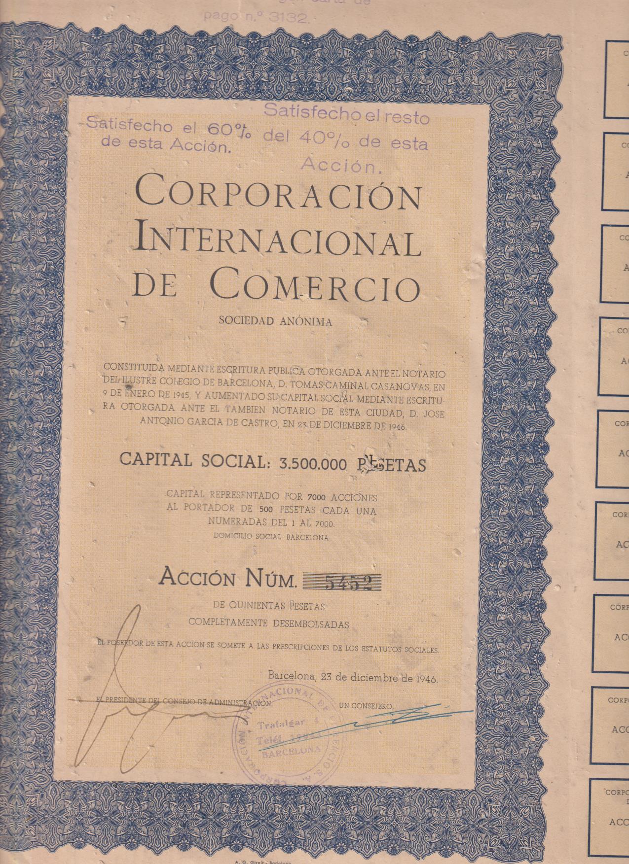 Corporación Internacional de Comercio. Barcelona 1946. Faltan 3 de los 27 cupones