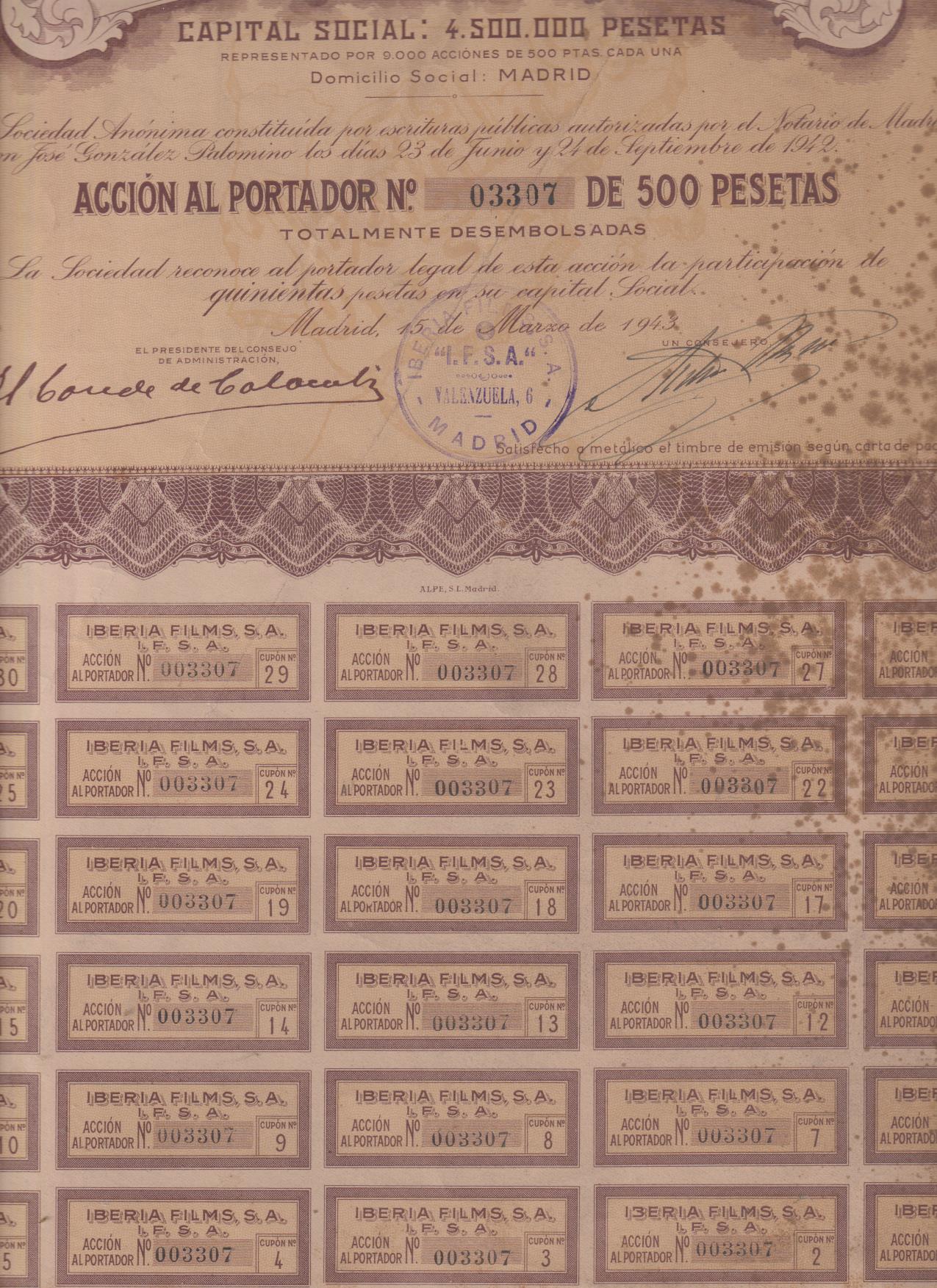 Acción de Iberia Films. Madrid 1943. Contiene los 30 cupones