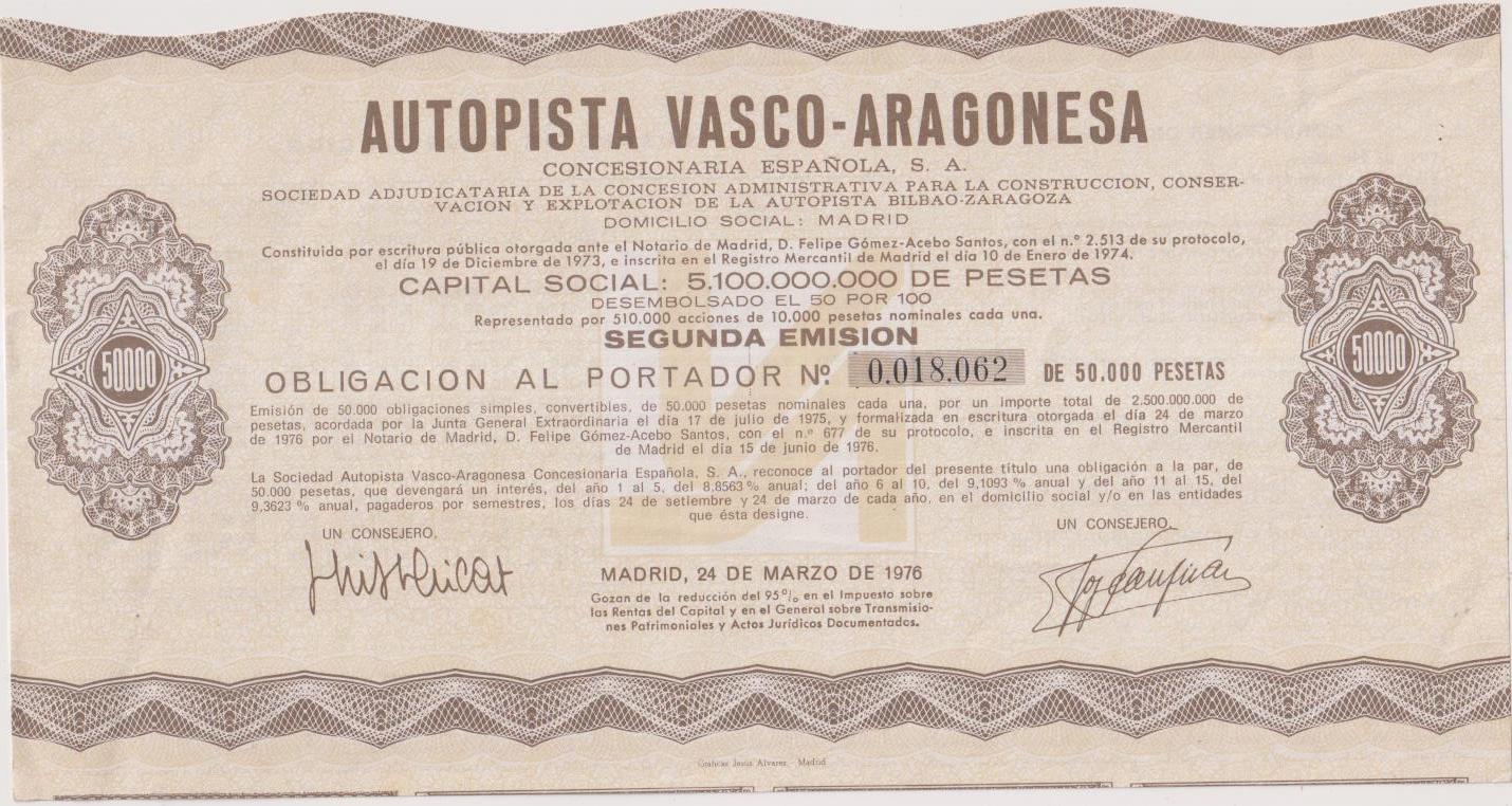 Autopista Vasco-Aragonesa. Obligación al portador. Madrid 1976