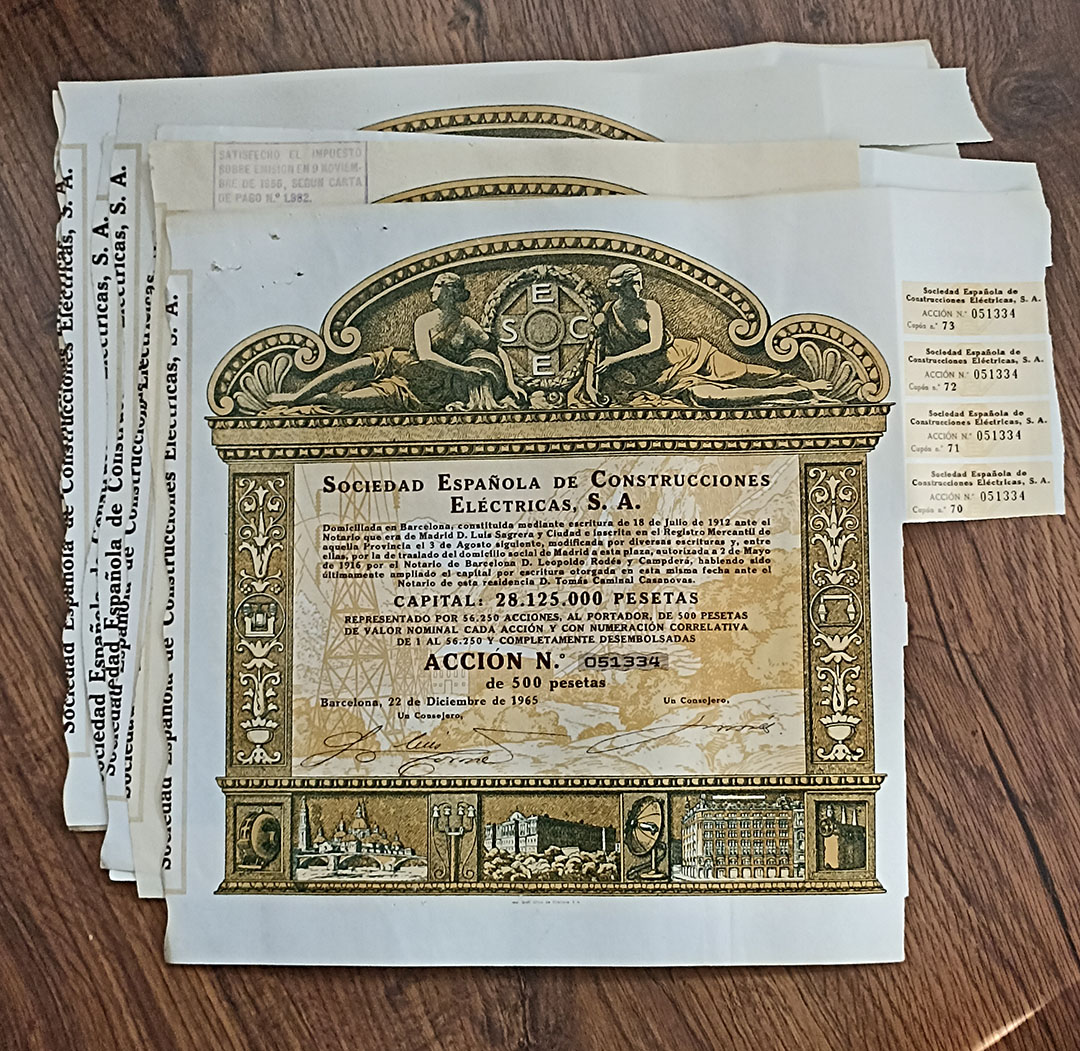 Sociedad Española de Construcciones Eléctricas S. A. Acción de 500 Pesetas. Barcelona 1965