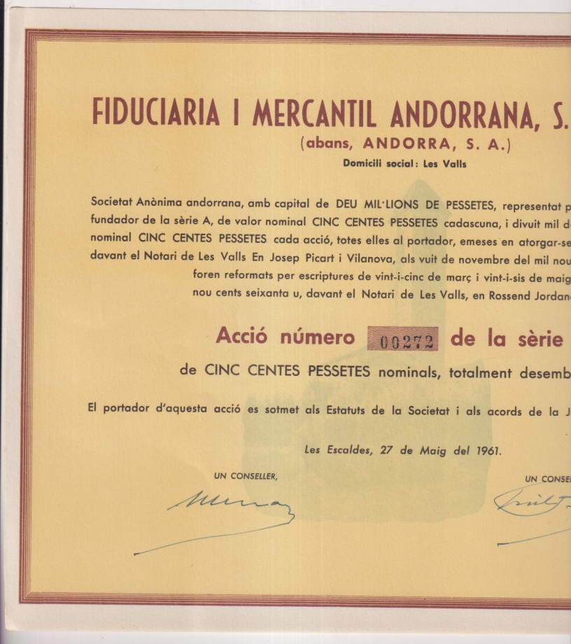 Fiduciaria i mercantil Andorrana, S. A. Fimasa. Acció, Les Escaldes, 27 de maig del 1961